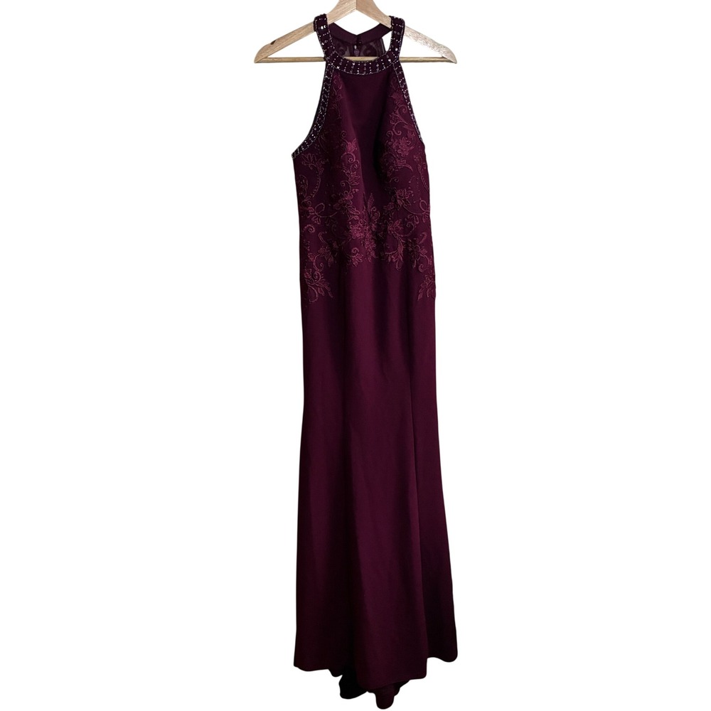 Azazie Halter Neck Lace Embroidered Gown A8 Burgundy Womens Beaded Maxi Dress